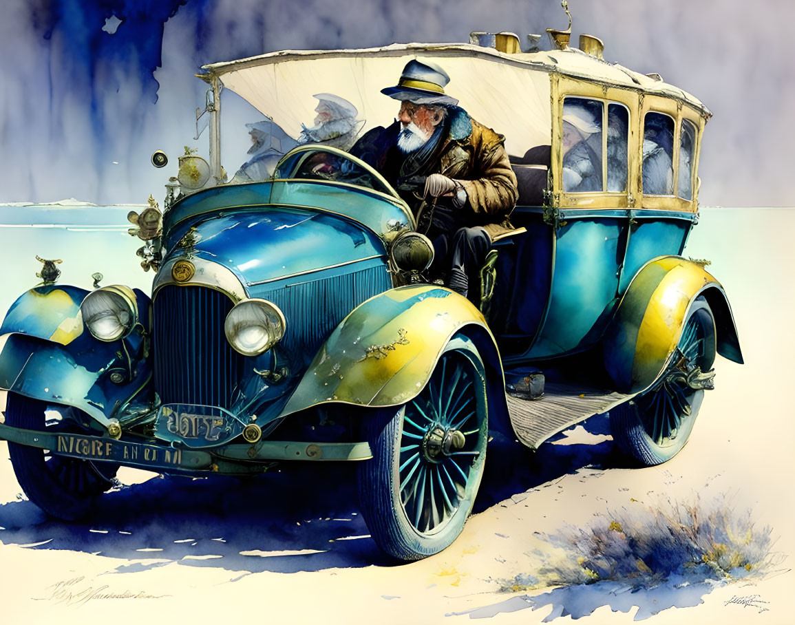 Elderly bearded man driving classic blue car under white canopy