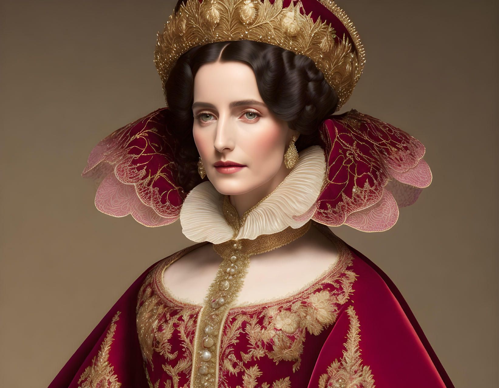 Regal woman in golden crown and burgundy dress with Elizabethan ruff.