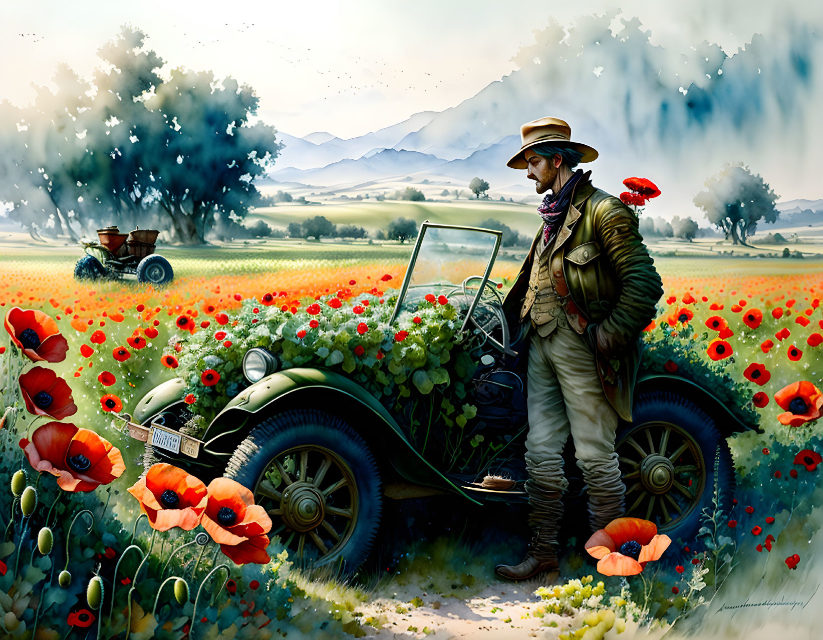 Vintage Attired Man Standing by Old Car in Poppy Field With Tractor Background