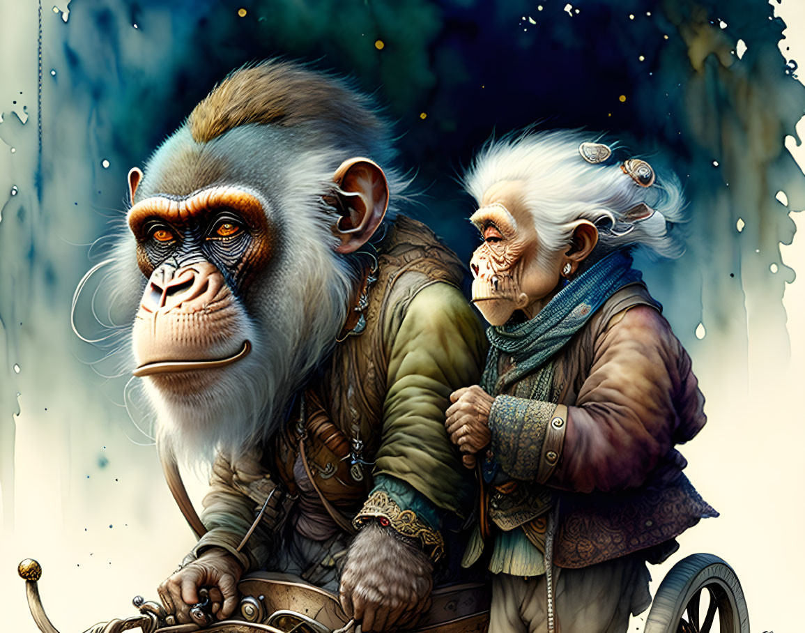 Detailed anthropomorphic monkey illustration: young and elderly monkeys in clothes, one in a wheelchair.