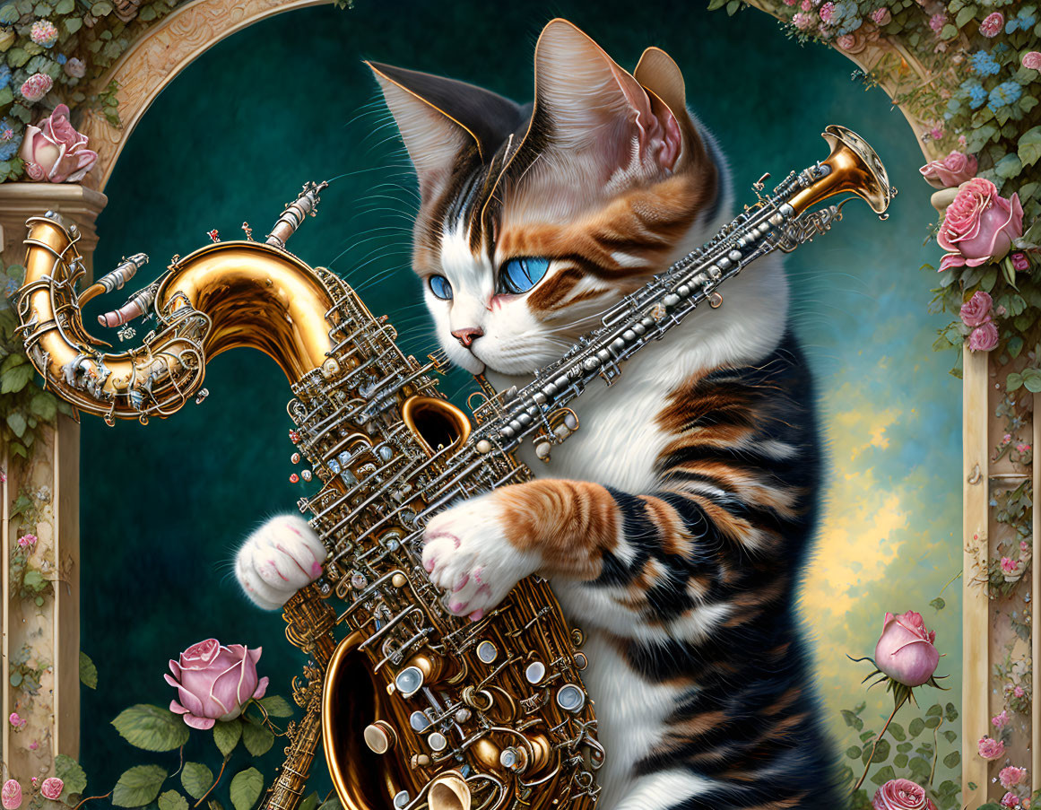 Cat playing saxophone surrounded by roses on ornate background