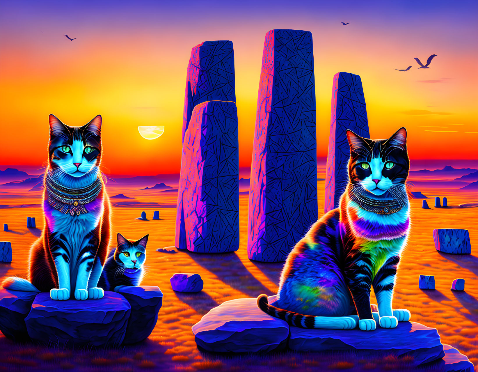 Colorful digital artwork: Three patterned cats by mystical stones under sunset sky.