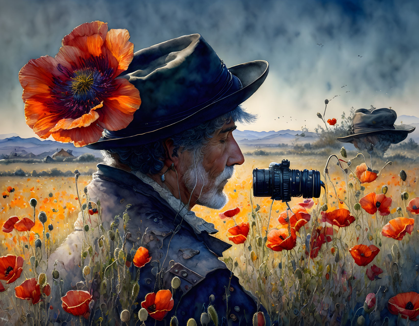 Bearded man in vintage attire with camera in poppy field