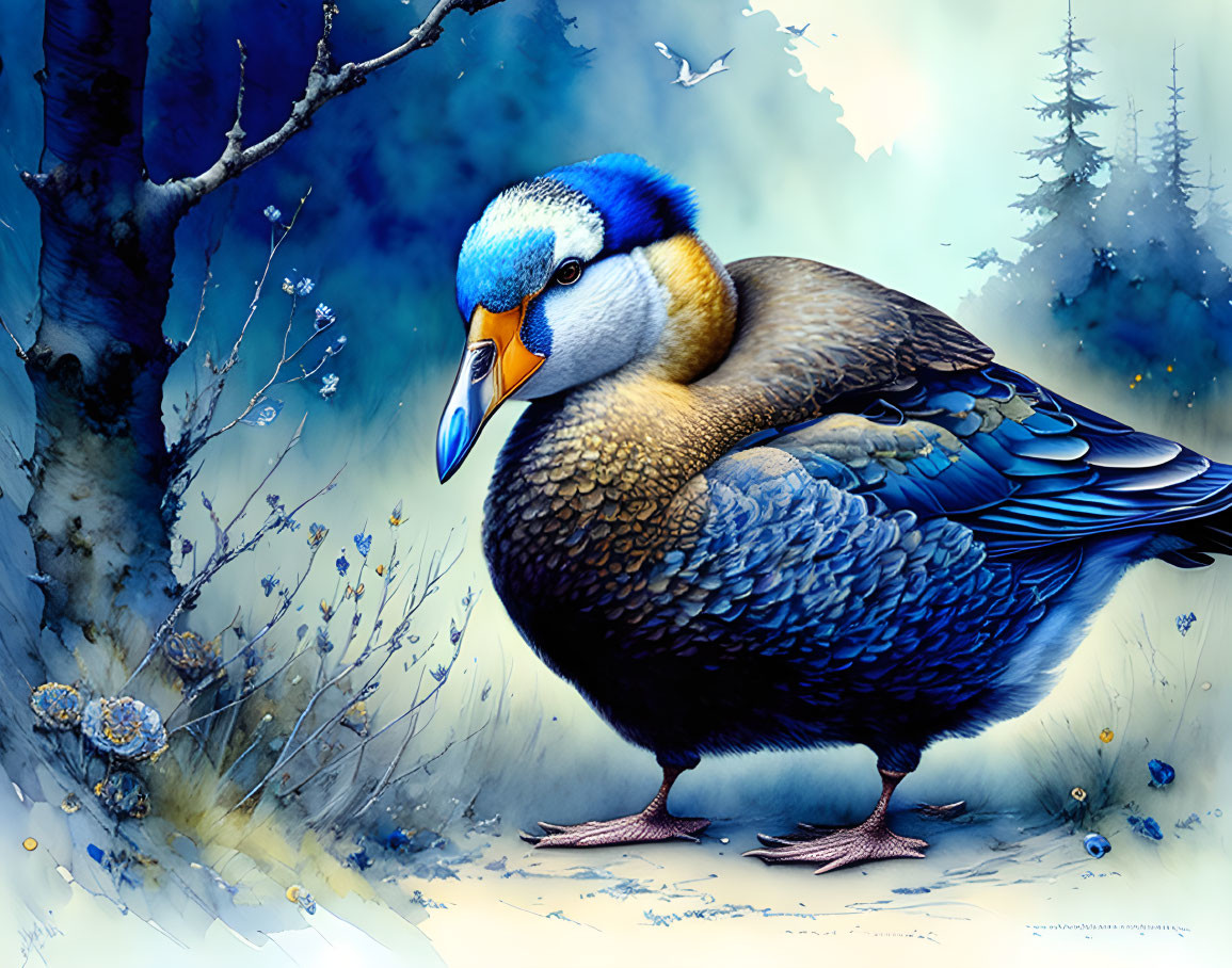 Colorful Bird Illustration in Misty Forest Scene