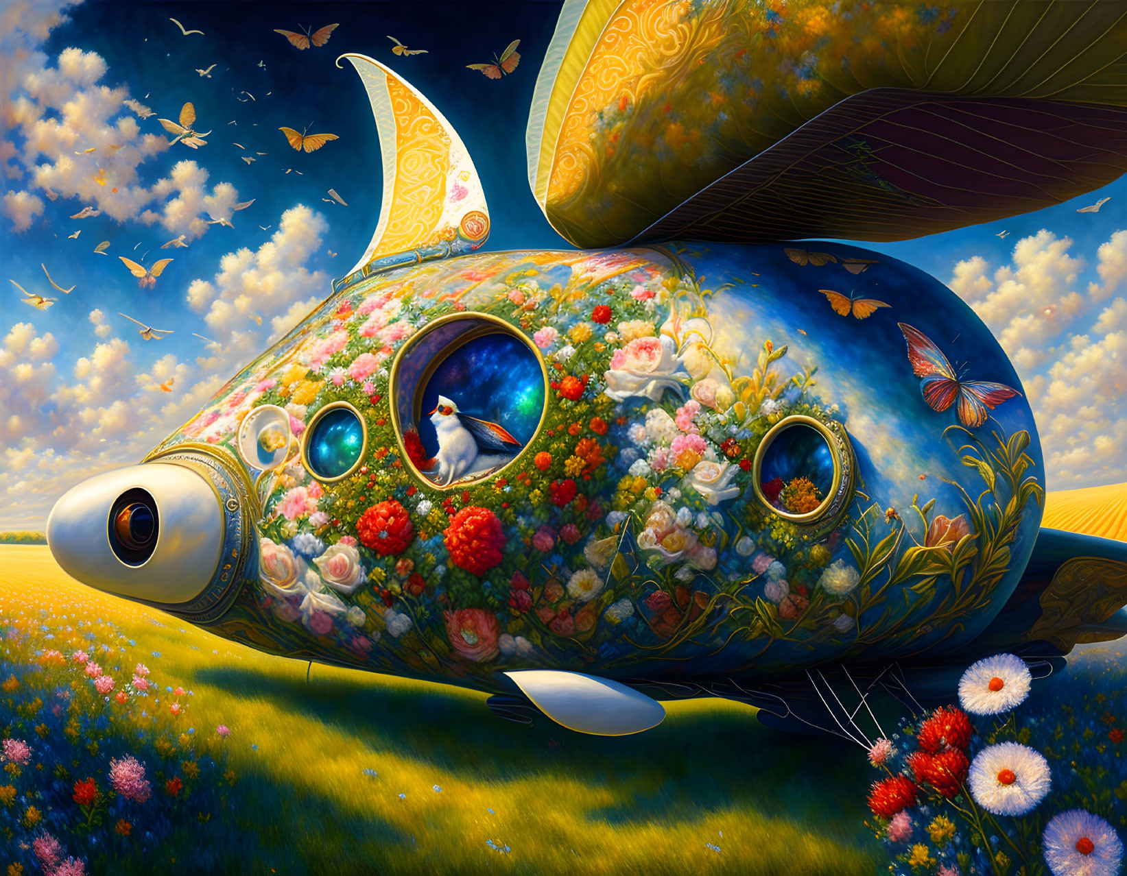 Colorful painting of fish-shaped airship above meadow with butterflies