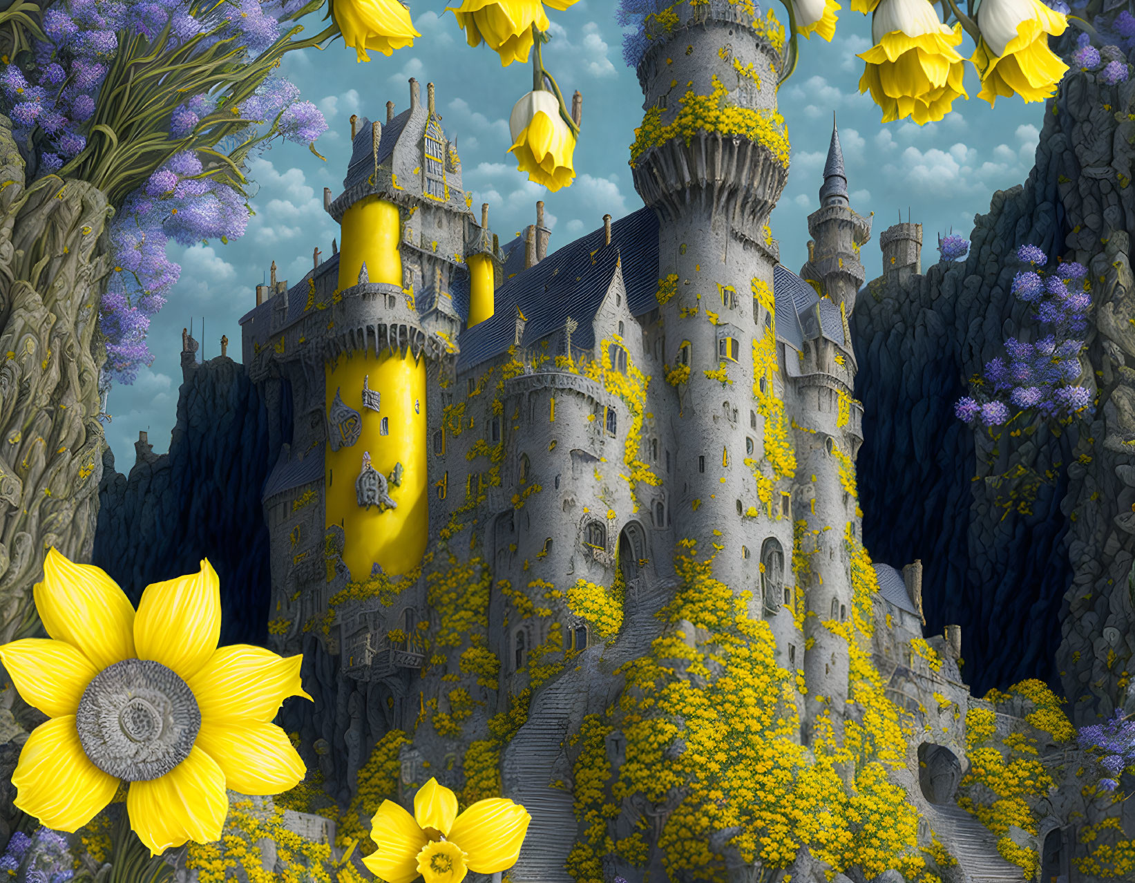 Striking Yellow and Gray castle with Daffodil Flow