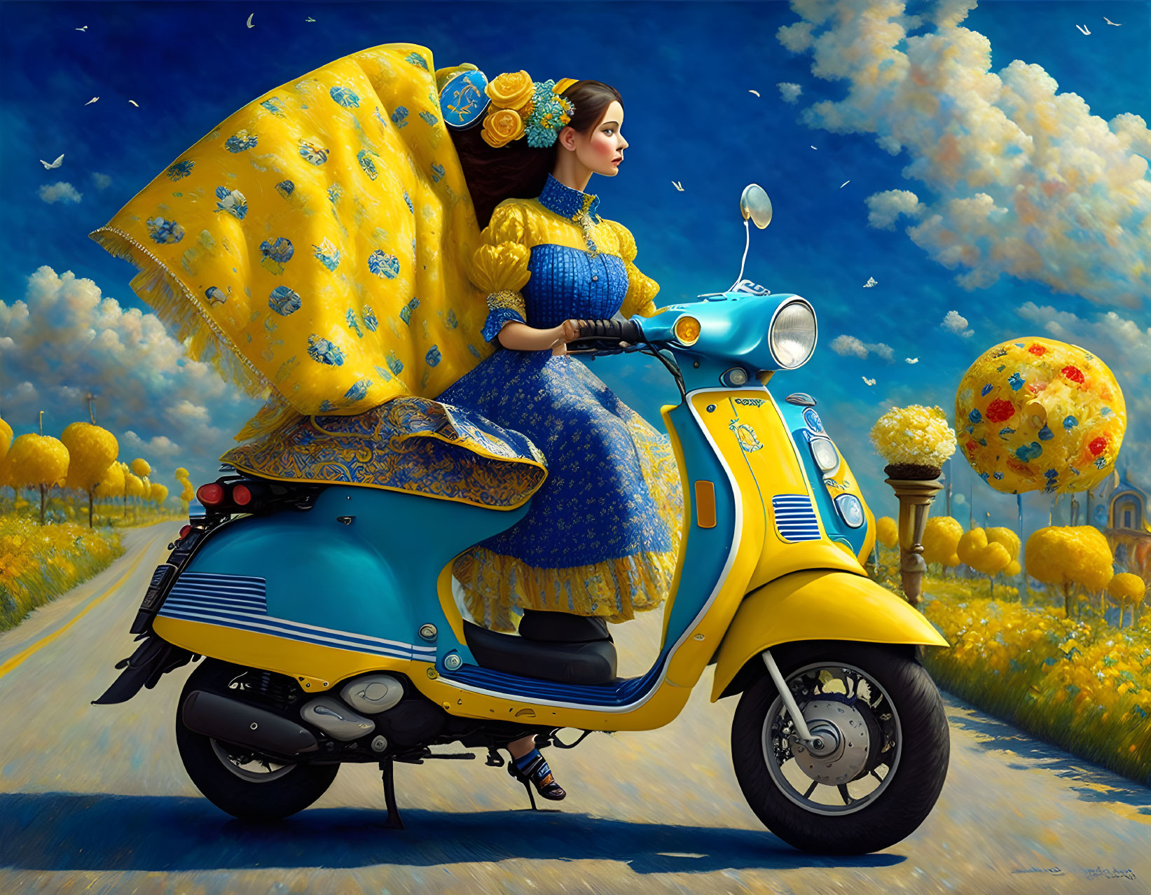 Woman in vibrant yellow and blue dress on classic blue scooter in whimsical setting