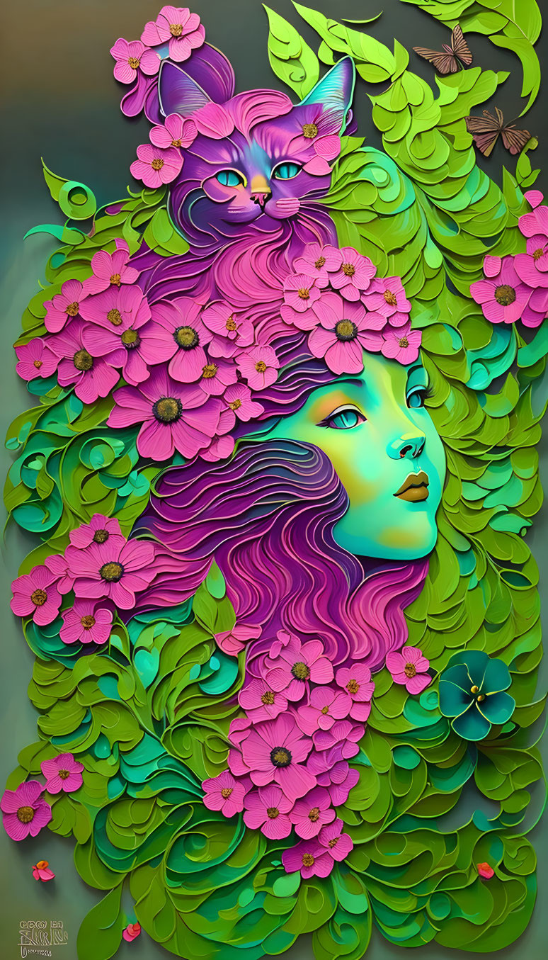 Colorful illustration: Woman's face with floral and purple cat on leafy background