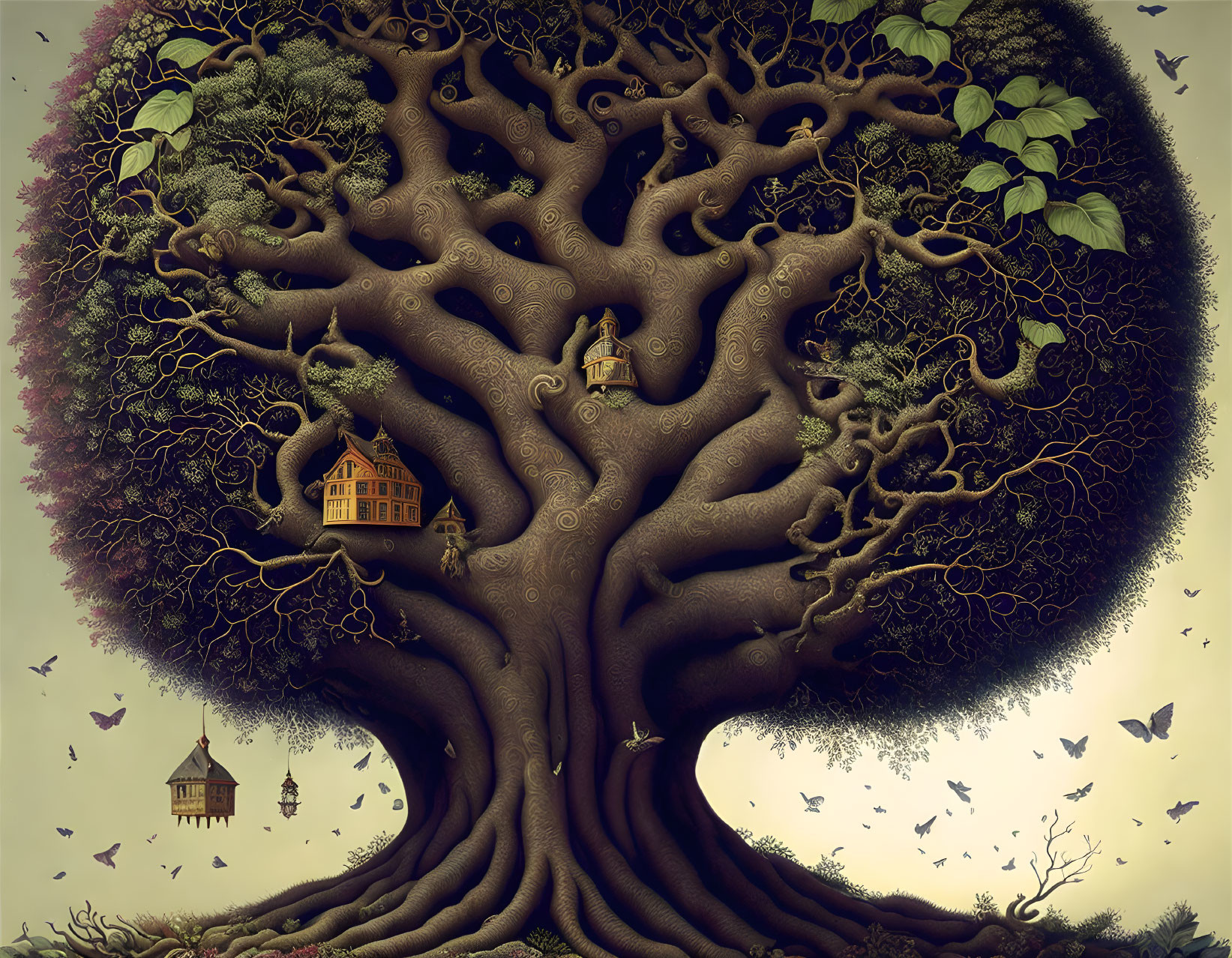 Illustration of giant tree with houses, birds, butterflies, and dusky sky