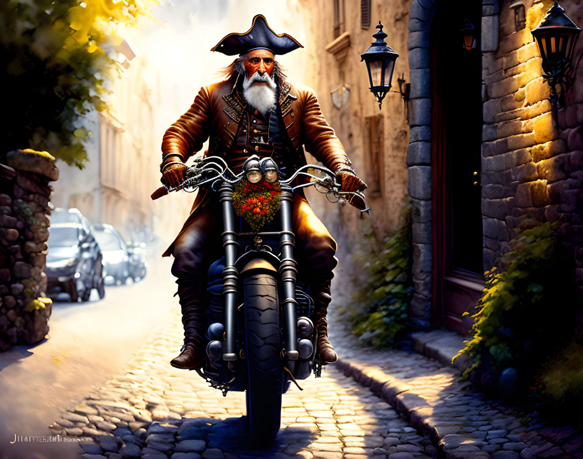 Elderly bearded man in pirate attire on modern motorcycle in cobblestone street