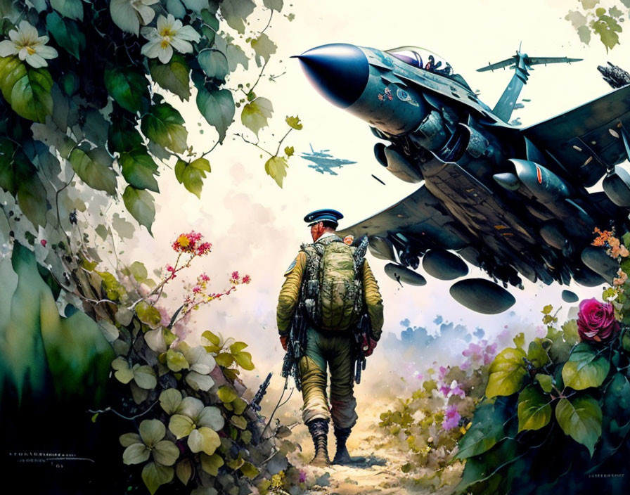 Pilot in full gear walking from fighter jet in vibrant, illustrated flora