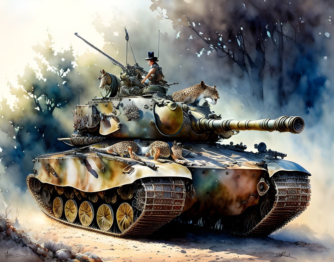 Surreal illustration of tank in forest with leopards and man in vintage attire