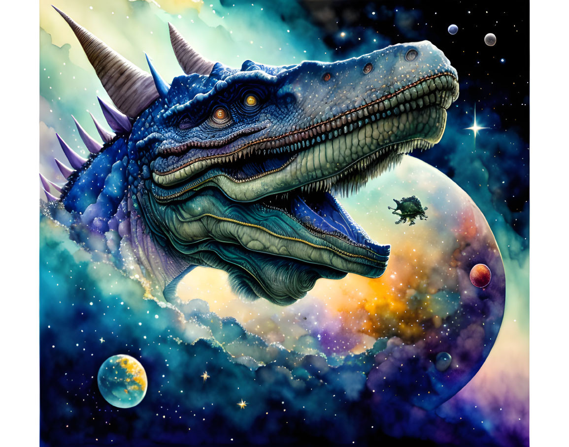 Colorful Dragon in Cosmic Space with Stars and Planets