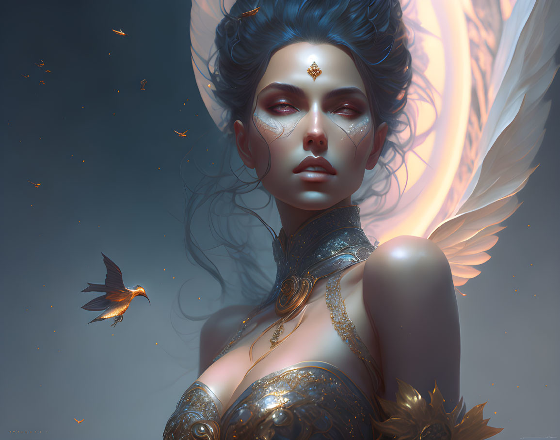 Ethereal woman with blue hair and wings, adorned with golden jewelry, accompanied by glowing bird