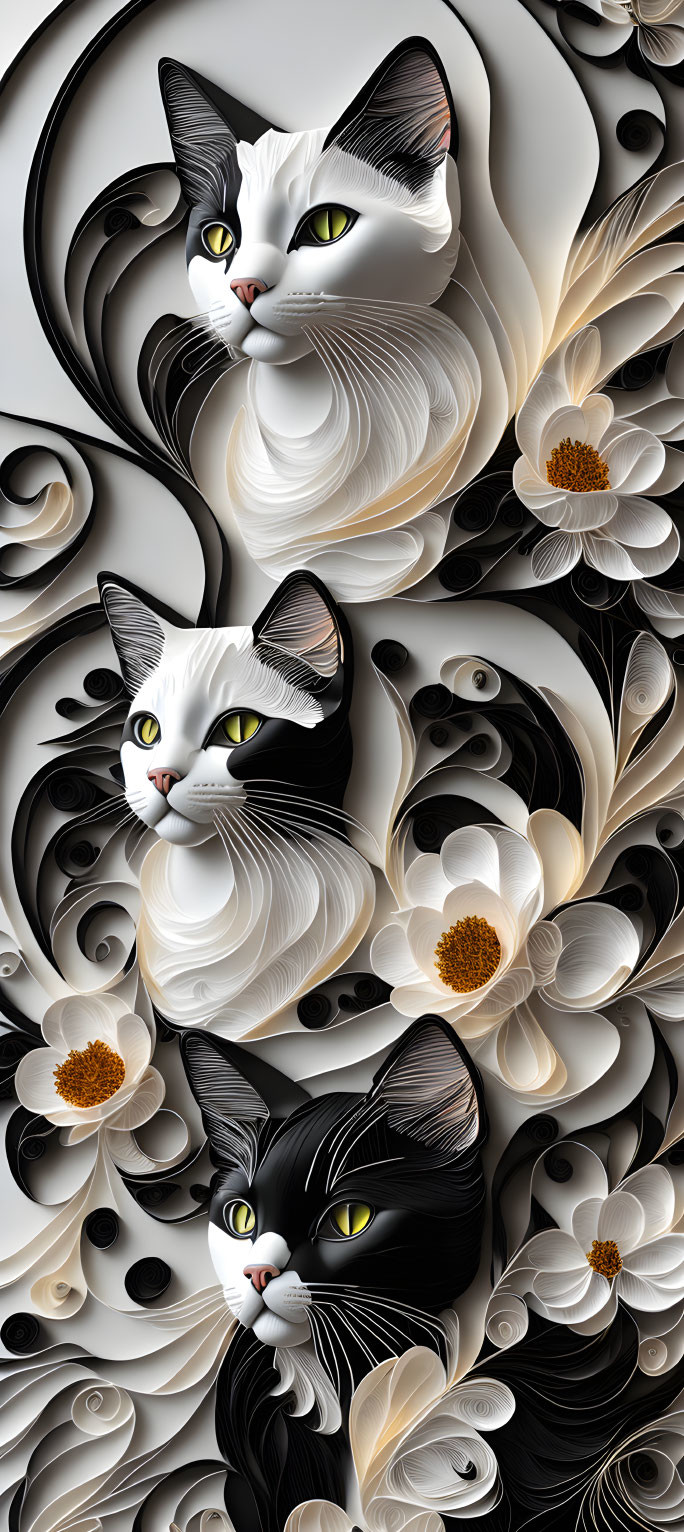 Stylized cats with expressive eyes in black, white, and gold floral quilling art