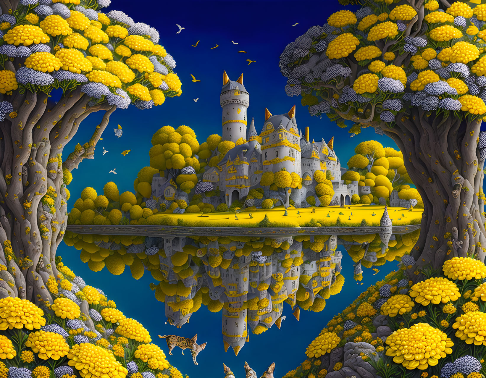 Majestic castle in vibrant fantasy landscape with oversized yellow trees and reflective lake