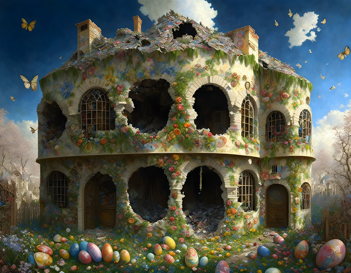 Fantasy-themed house with floral overgrowth, arches, butterflies, and Easter eggs under a cloudy