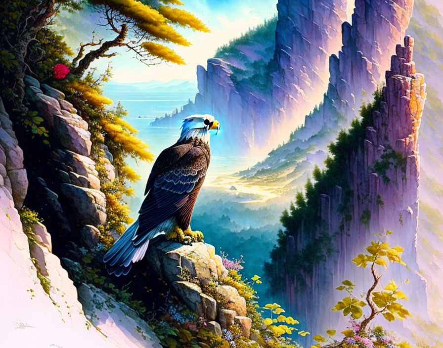 Eagle perched on cliff overlooking lush valley and rock formations