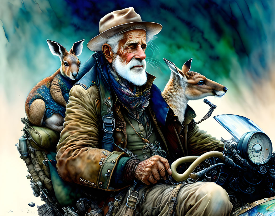 Elderly man with kangaroos on motorcycle ride