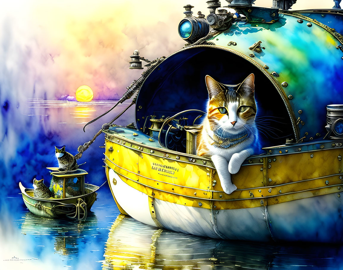 Colorful Illustration of Cats in Nautical Attire Fishing and Submarine in Vibrant Sunset Seas