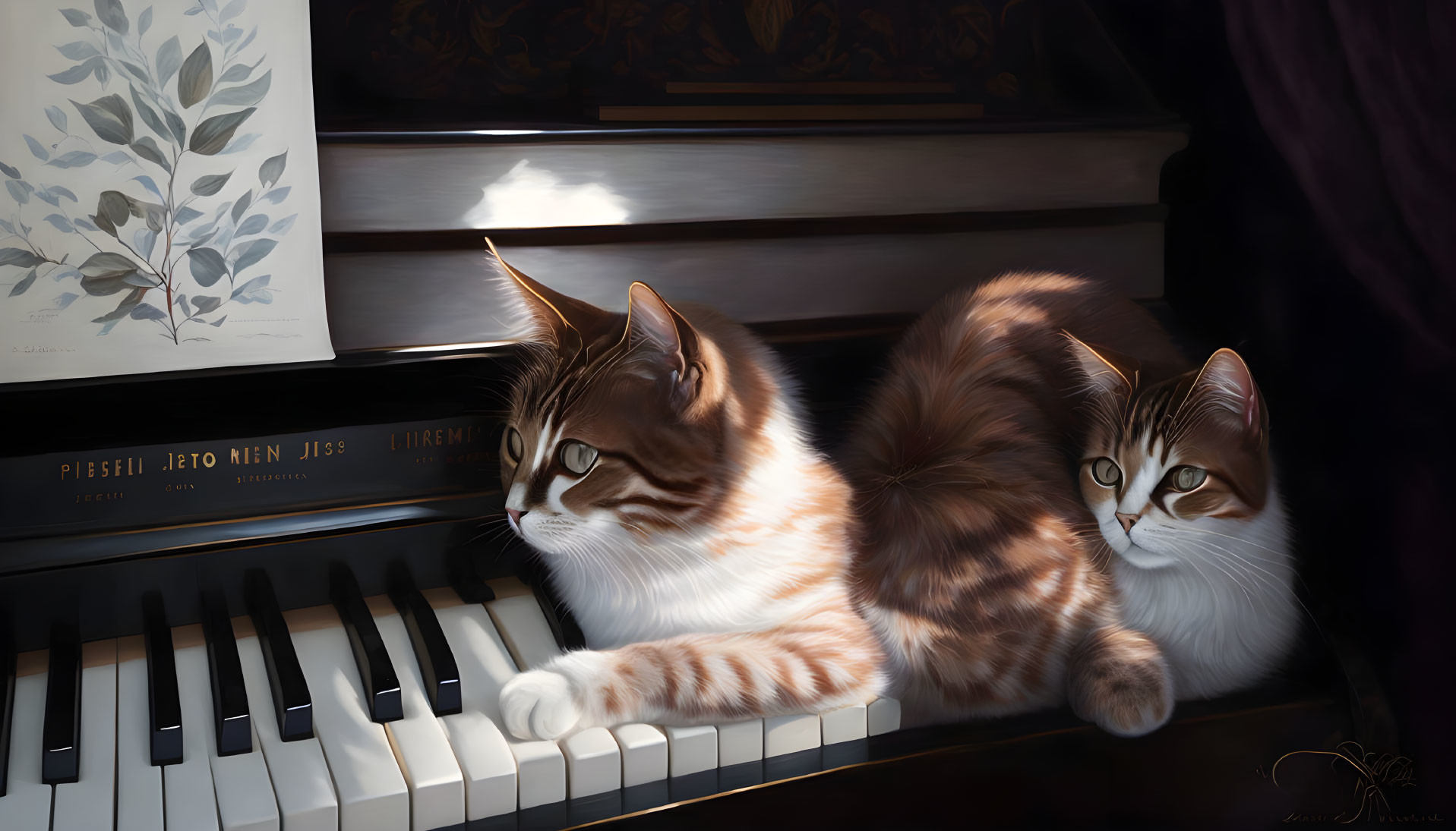 Brown and white striped cats on piano keys with sheet music and botanical print