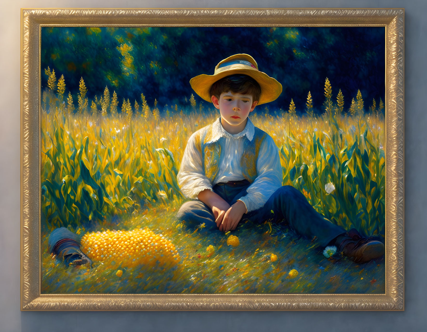 Young boy in sunlit field with wheat, straw hat, cornflower, and basket