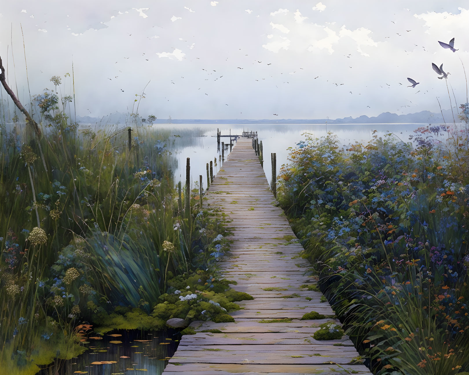 Tranquil wooden pier in serene wetland with lush vegetation and fluttering wildlife.