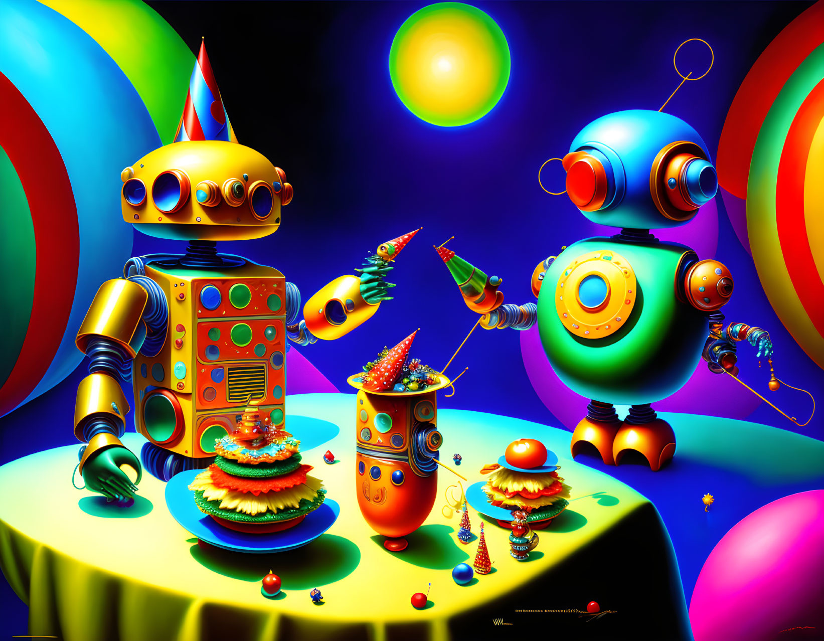 Colorful whimsical robot party illustration with cake and balloons