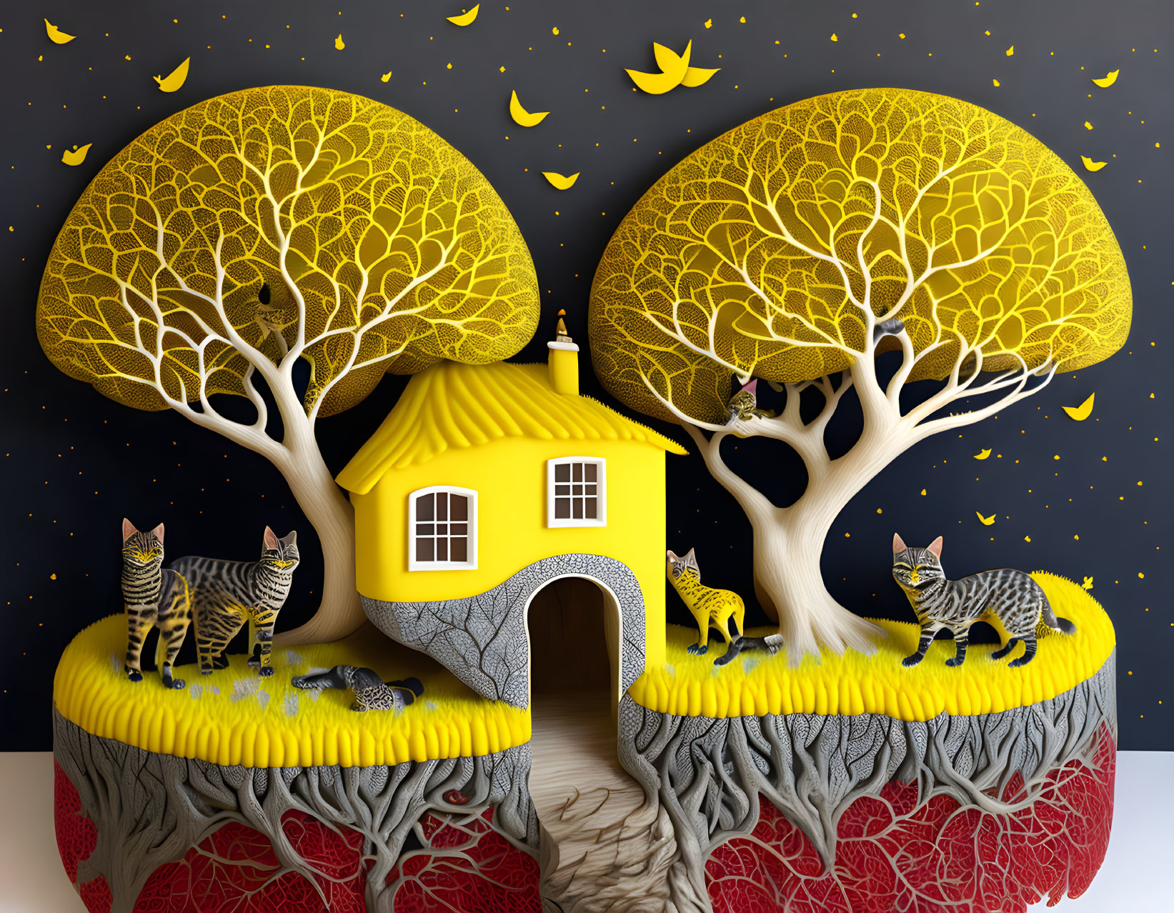 Whimsical illustration of yellow house, trees, stars, leaves, and playful cats