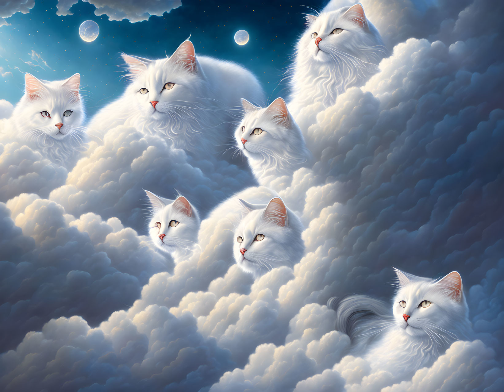 Surreal Artwork: Ethereal White Cats in Clouds and Moons