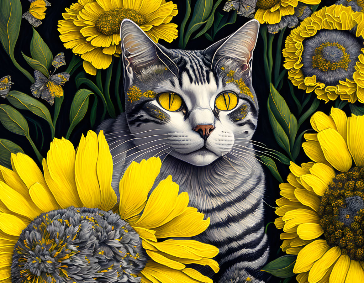 Black and White Striped Cat with Yellow Eyes Among Yellow Flowers and Butterflies