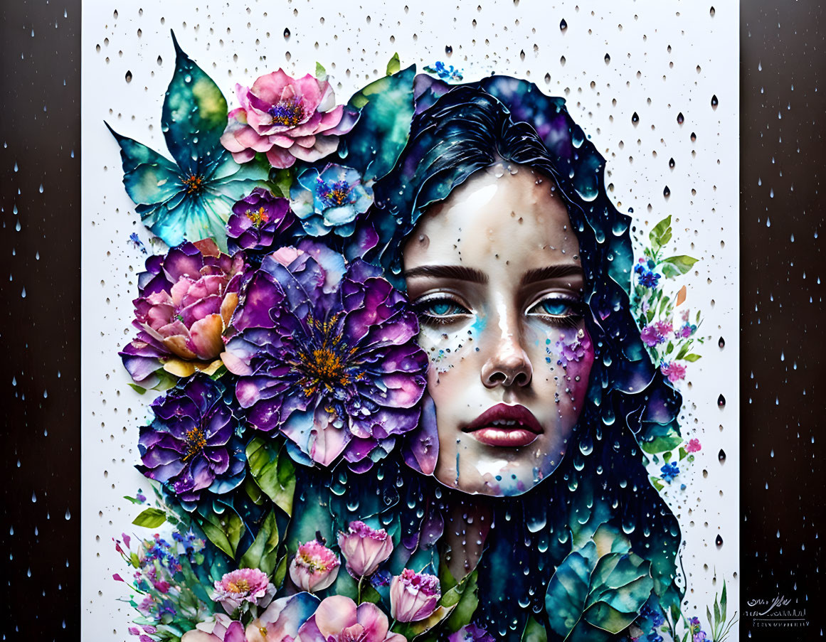 Vivid painting of woman's face with blue eyes and flowers