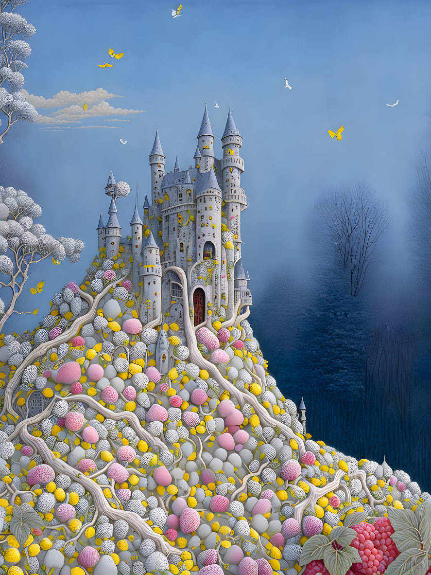 Fairytale castle on colorful egg hill with trees and birds