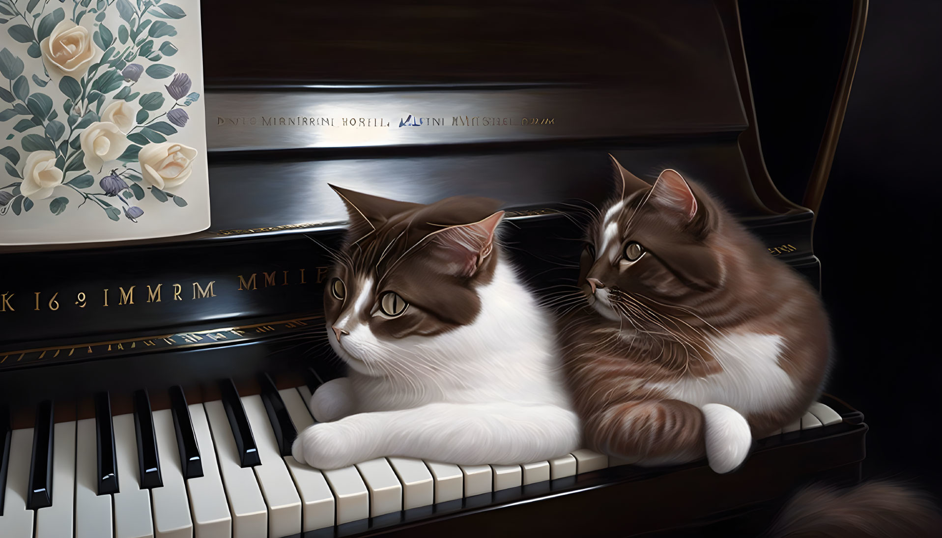 Brown and White Cats on Piano Keys with Floral Decoration and Sheet Music