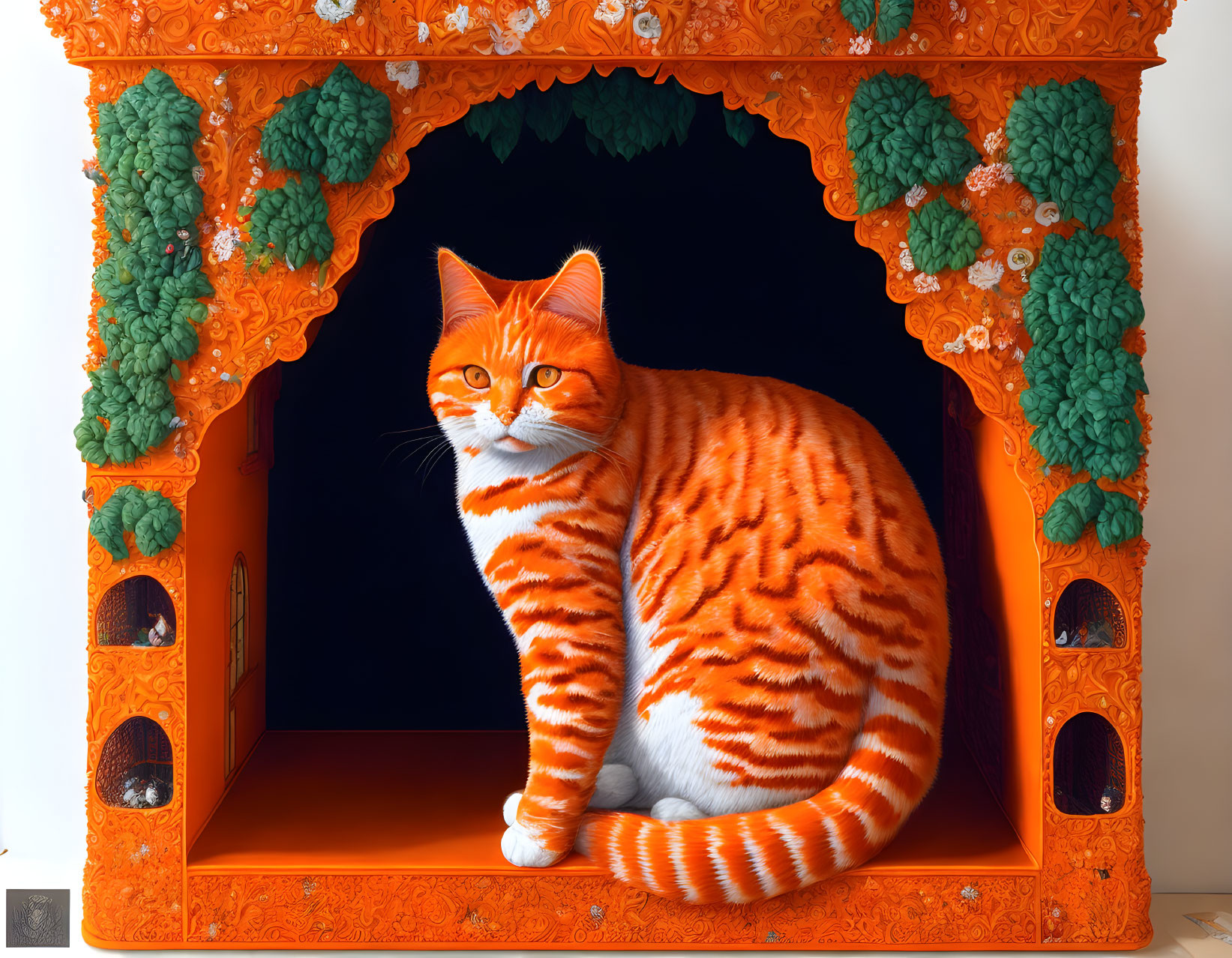 Orange Striped Cat in Decorative Orange House with Green Foliage