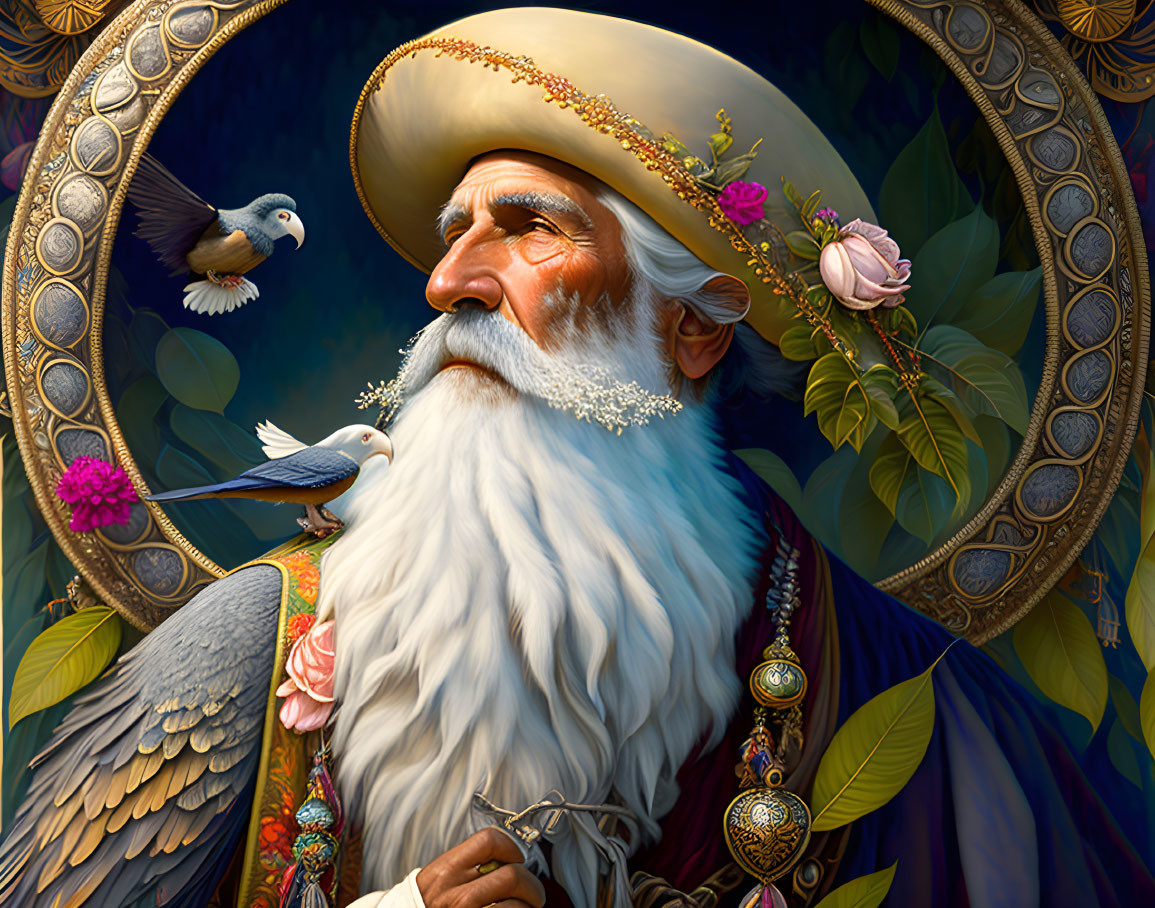 Elderly Man with White Beard in Ornate Attire and Birds Perched on Him