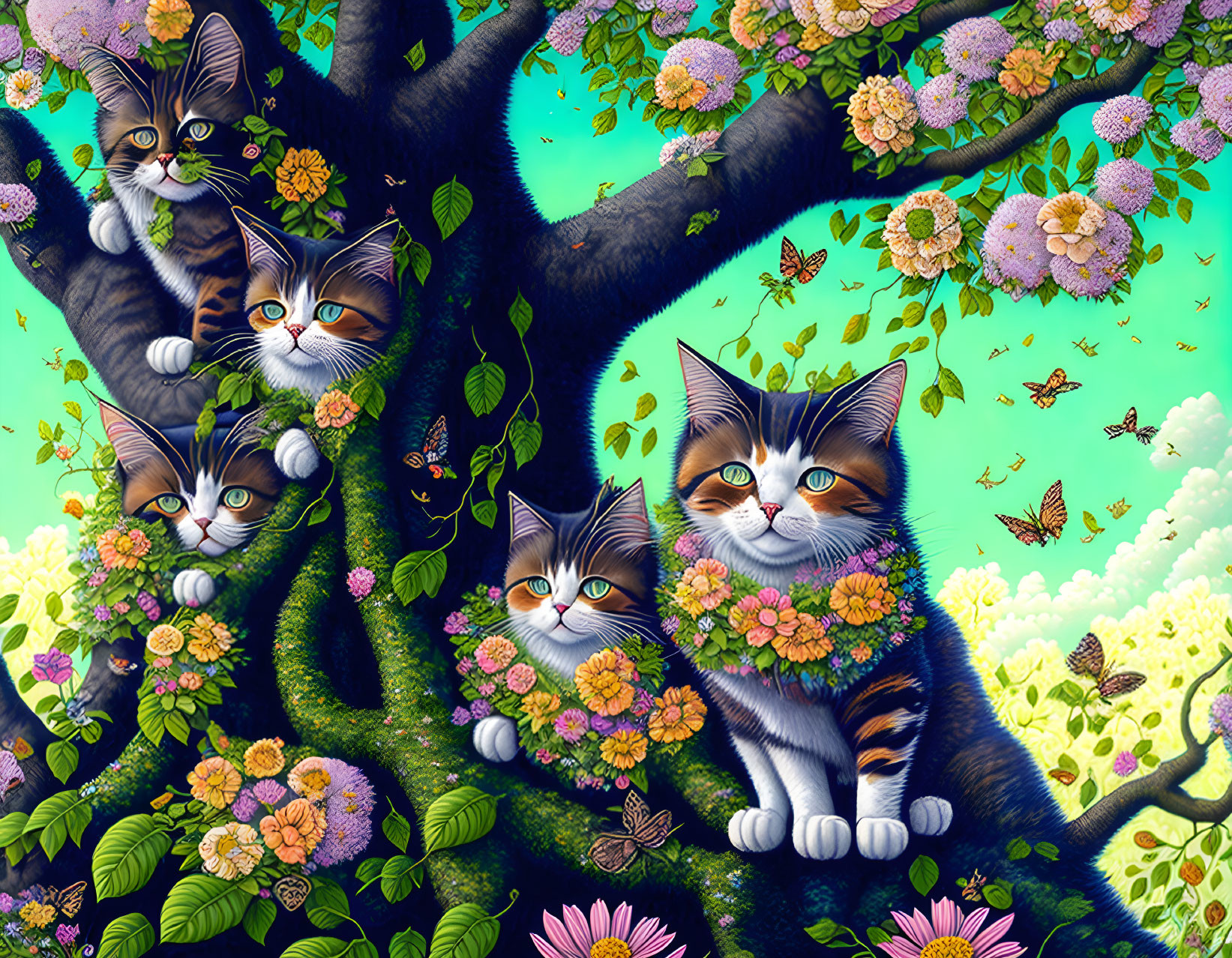 Colorful cats with floral garlands in vibrant nature scene