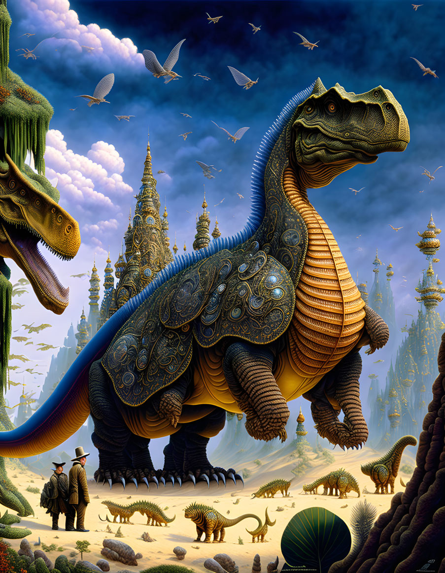 Detailed Surreal Artwork: Ornate Dinosaurs in Fantasy Landscape