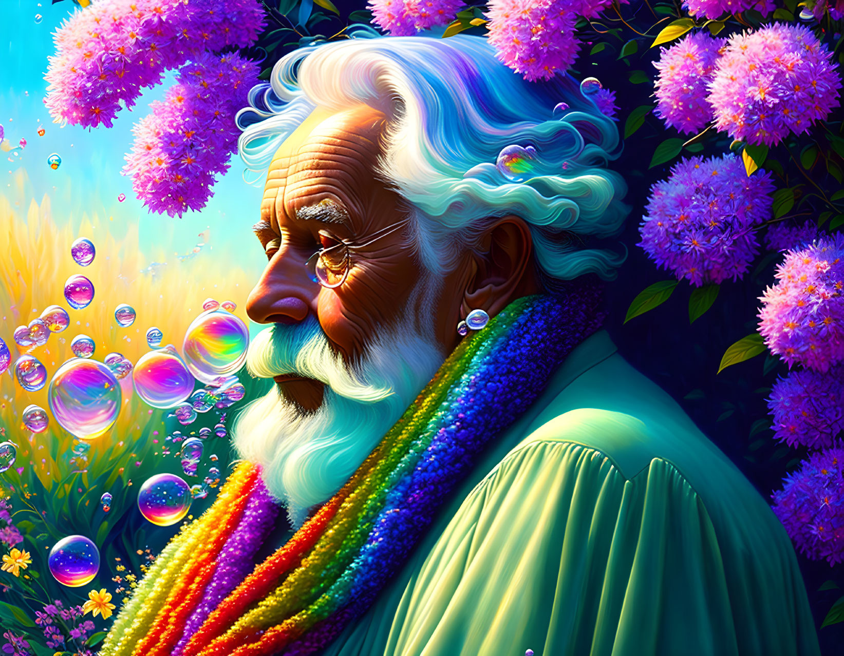 Elderly man with white hair, beard, glasses, colorful beads, flowers, and bubbles.