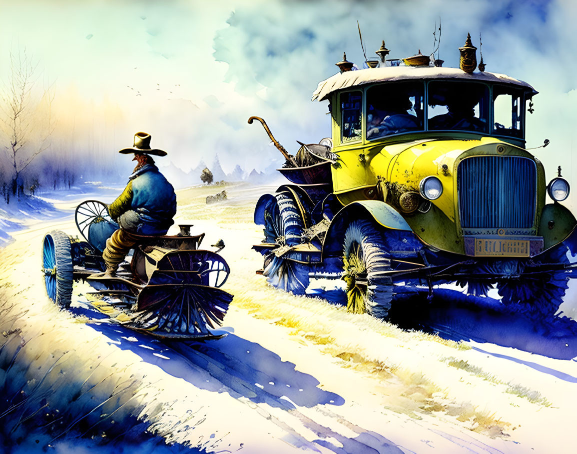 Vintage Yellow Car and Man with Horse-Drawn Plow in Snowy Landscape