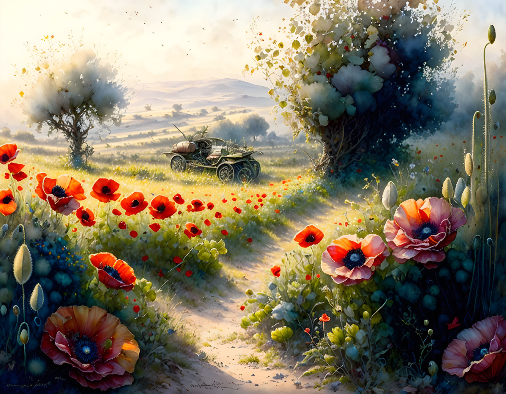 Idyllic countryside landscape with poppies, wildflowers, and vintage car under warm light