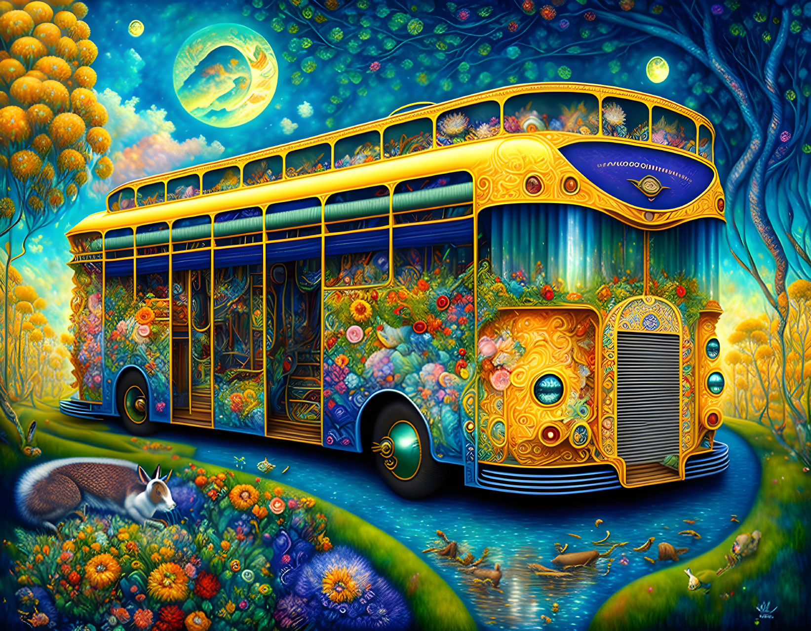 Colorful painting of ornate bus in fantastical forest with rabbit and ducks