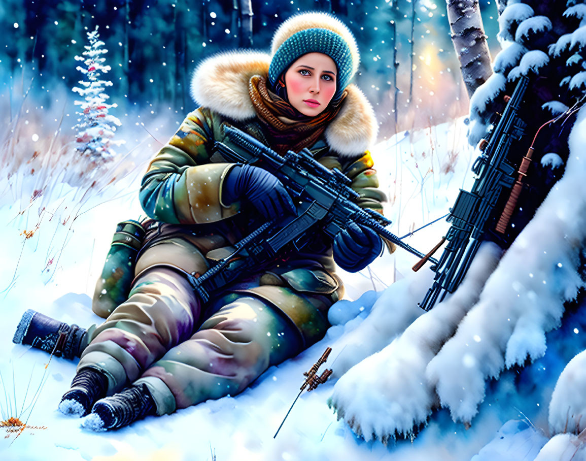 Person in camouflage with fur hood holding rifle in snowy landscape