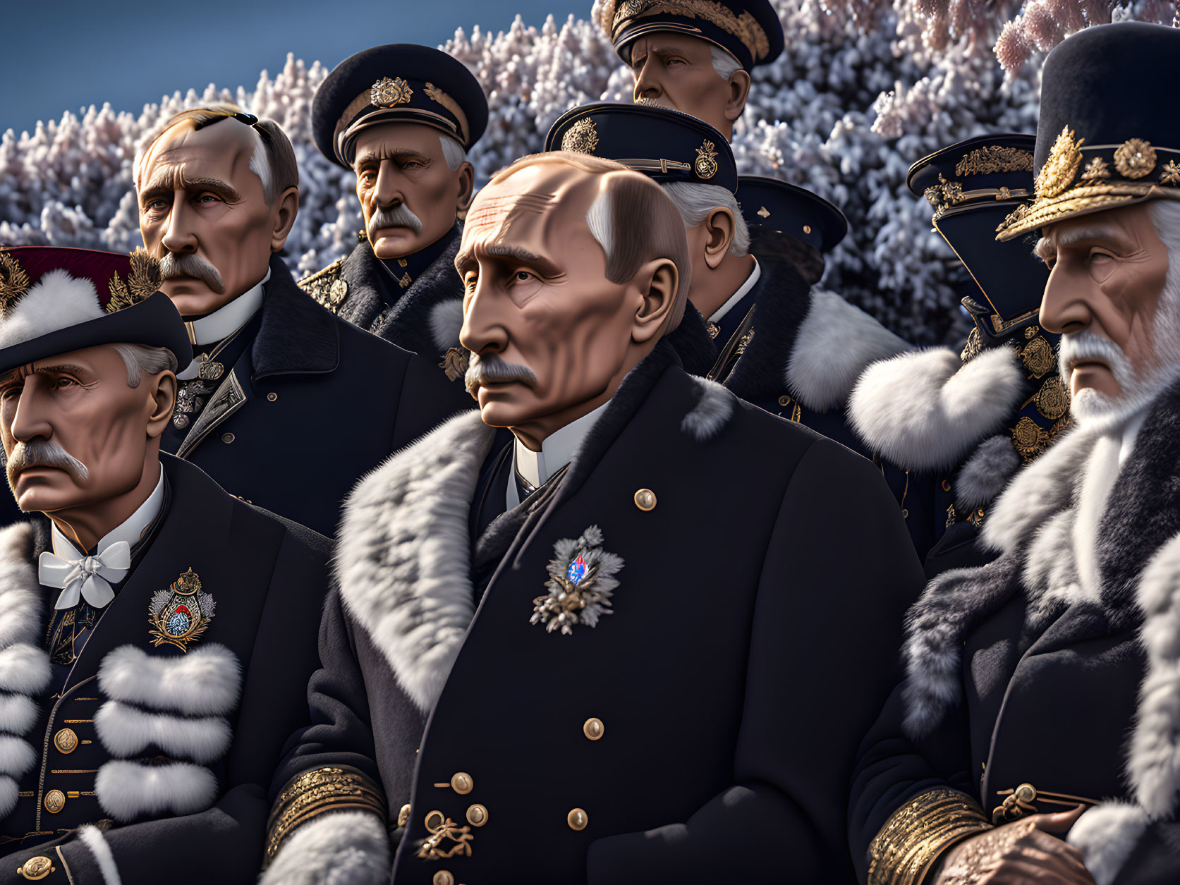 Detailed 3D Rendering of Vintage Military Officers Among White Flowers