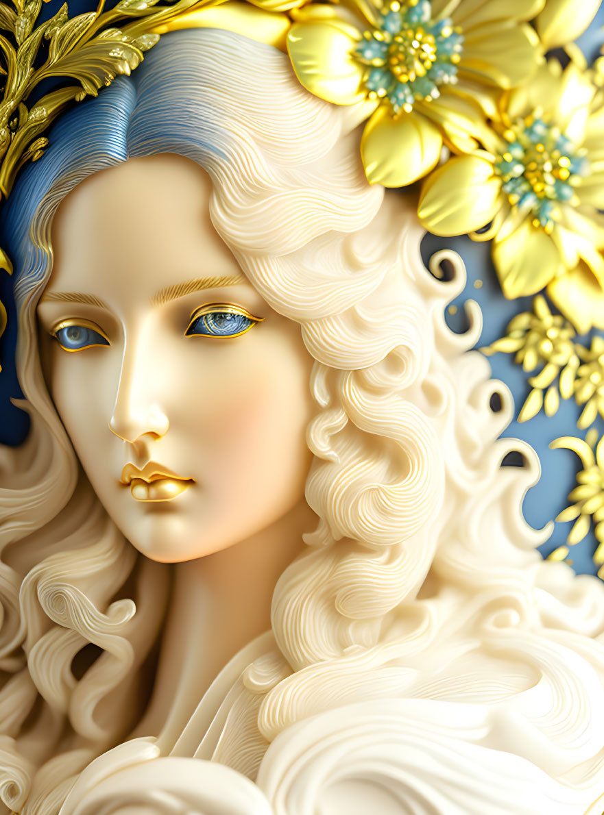 Stylized woman with white hair, golden flowers, blue headpiece, and blue eyes