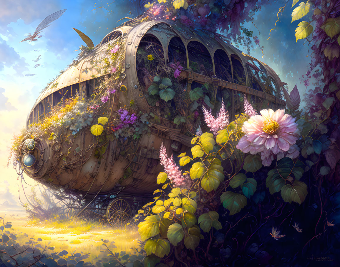 Abandoned airship engulfed by lush vegetation and flowers under magical light