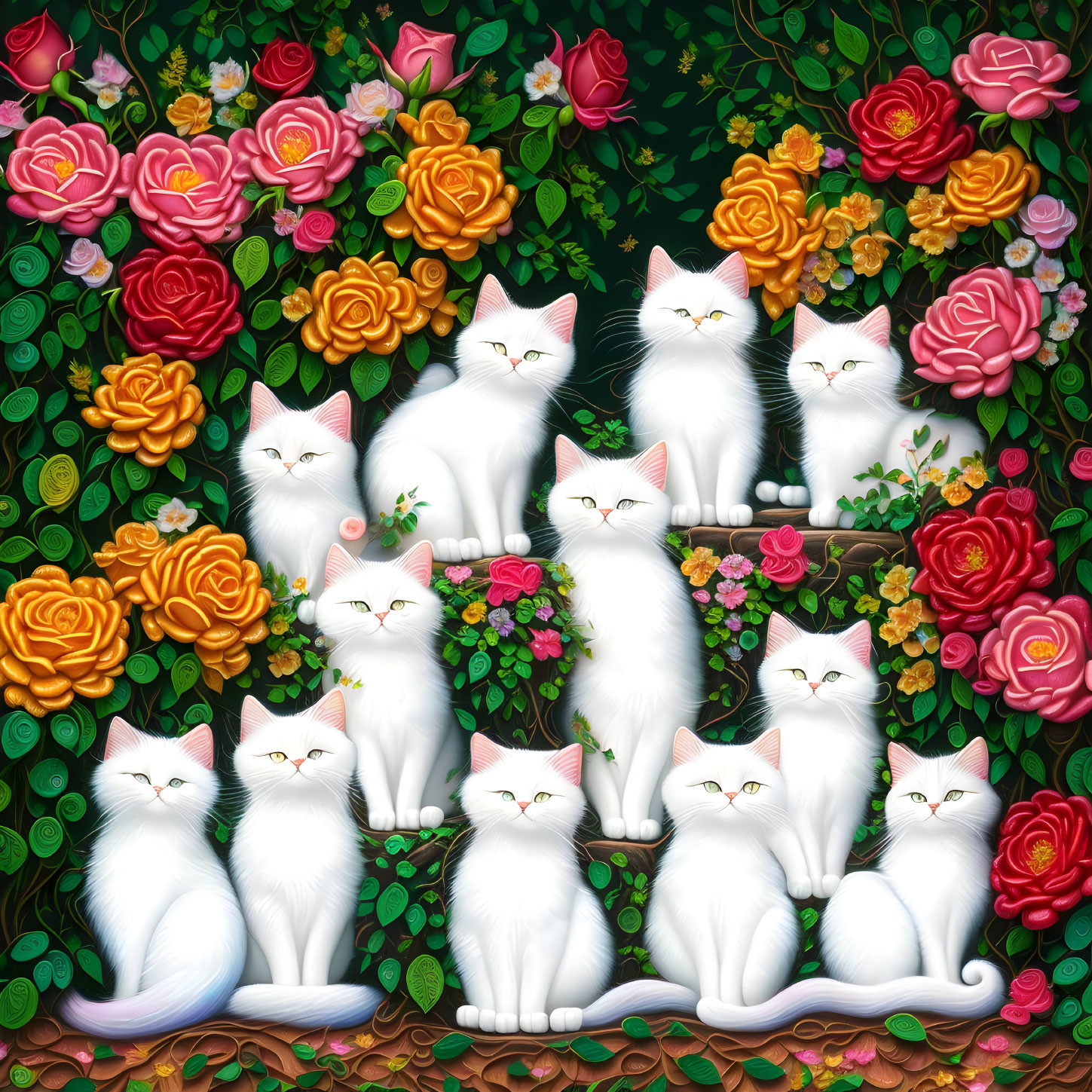 Multiple White Cats in Colorful Garden of Roses and Foliage