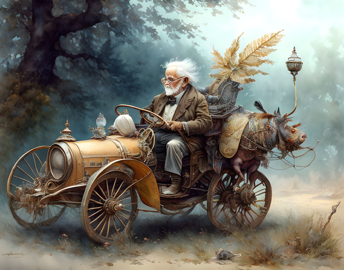 Elderly man with white beard in steampunk carriage pulled by mechanical reindeer