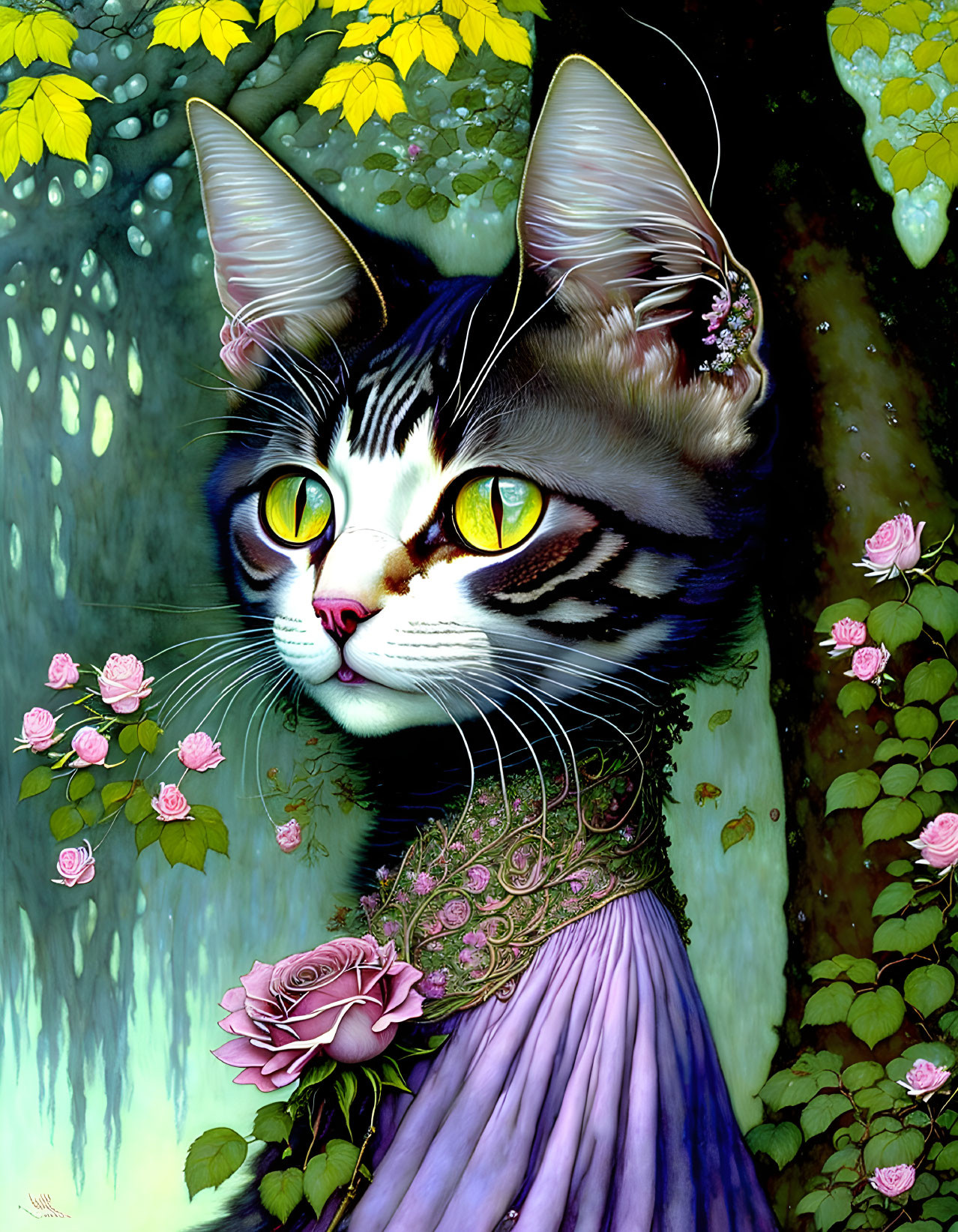 Anthropomorphic cat with green eyes in purple dress on floral background