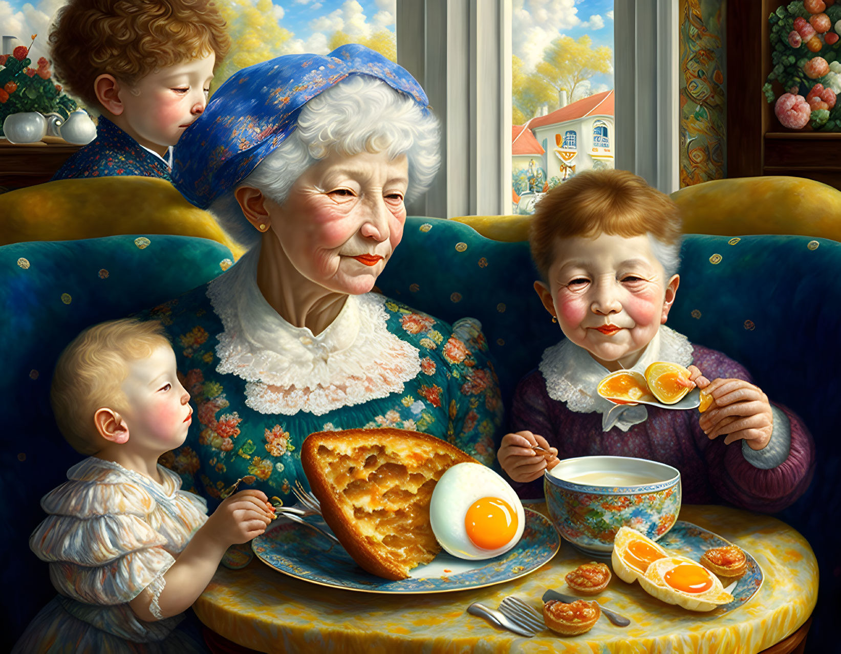 Elderly woman enjoys breakfast with children in cozy, sunlit room